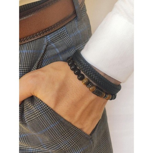 Glossy Onyx & Tiger's Eye Bracelet with Italian Hardware, 17-21.5 cm, Black - Picture 2 of 2