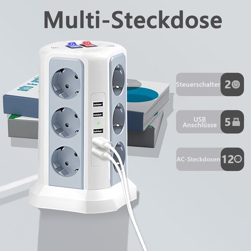 12 Fach Mehrfachsteckdose Mit 5USB Steckdosenturm Schalter für Zuhause Büro 2M - Bild 22 von 32