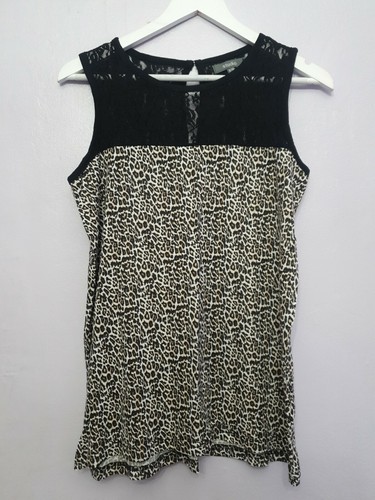Animal Print Sleeveless Tank Top Womens Vest Brown Leopard Jersey Lace UK8/10 N1