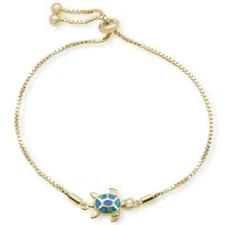 1613 Yellow Gold Plated Blue Opal Turtle .925 Sterling Silver Bracelet 7-9" Adj