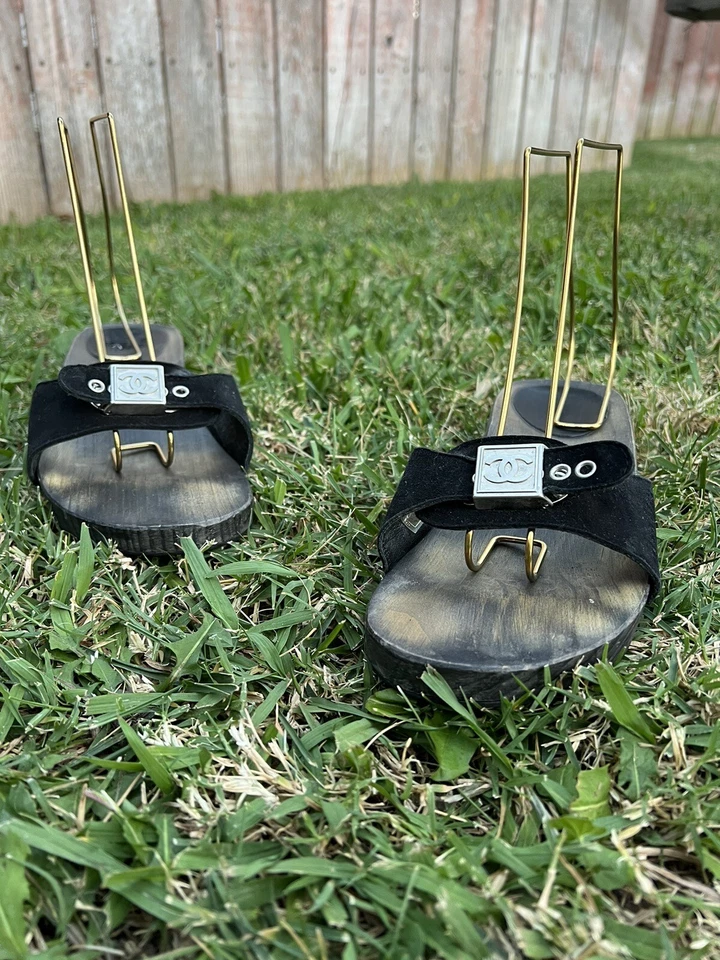 Chanel Vintage Zuecos de Madera 🖤 Sandalias Mules Slides Negro Gamuza Mujer Talla 37 Foto 3 de 4