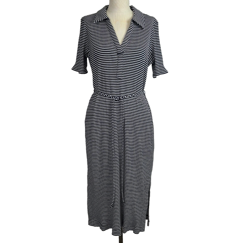 Boden Dress 12P Black White Stripe Ribbed Knit Collared V-Neck Pencil Straight