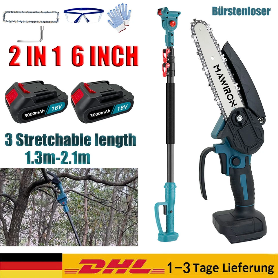 MAWIRON Für Makita 18V 6Zoll Akku Kettensäge Teleskop Hochentaster Astkettensäge 2x Akku