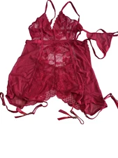 Seven Til’ Midnight Lingerie Set Red  lace Garter & Thong one size Sexy Nightie