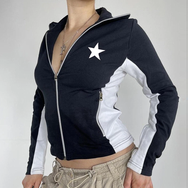 Star Crop Zip Up Jacket Y2K Aesthetic Long Sleeve Harajuku Kawaii Clothing