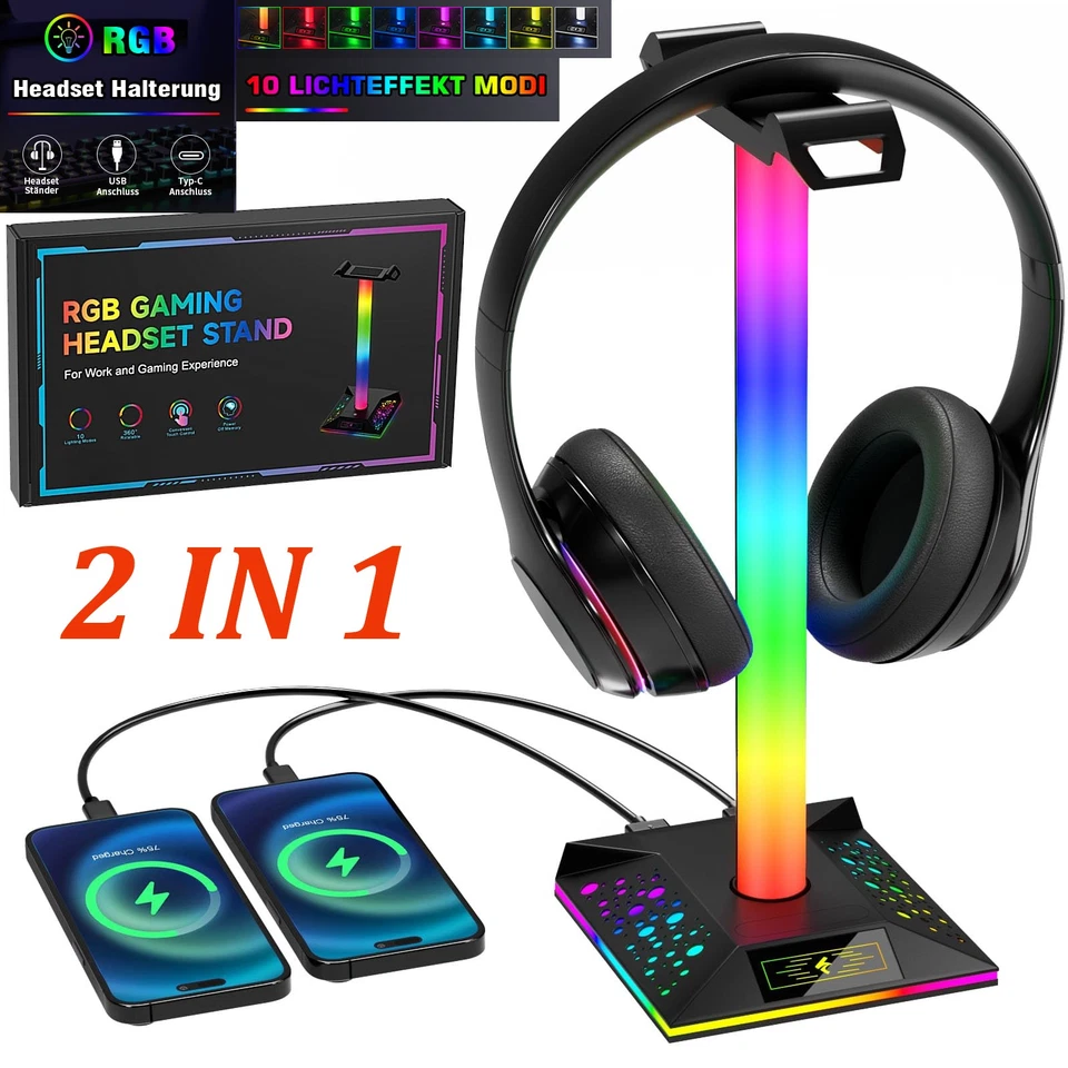 LED Kopfhörer Halter Halterung RGB 10 Modi Headset Halter Ständer Aufsteller USB - Bild 3 von 4
