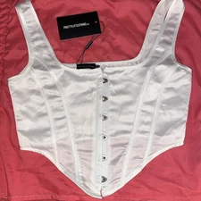 Pretty Little Thing White Satin Hook & Eye Curved Hem Corset Wms Sz 6 NWT 