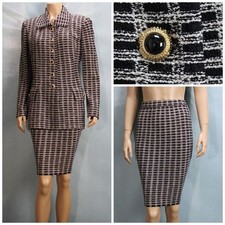 ST. JOHN Collection Black White Jacket Skirt L 10 12 2pc Suit Gold Buttons Plaid