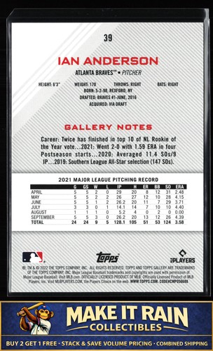 Ian Anderson 2022 Topps Gallery #39 Atlanta Braves Baseball - Picture 2 of 2