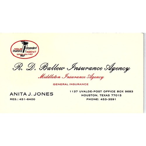 R.D. Ballew Ins Agency Anita J Jones Houston Vintage Visitenkarte SD9-B6
