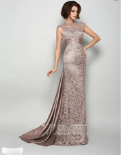 NEW Evening Gown with Train Mocha Satin/Lace Size 6