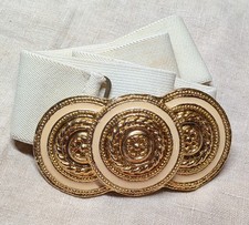 Vintage Nan Lewis Stretchy Belt With Round Gold Buckle 1980s White Elastic