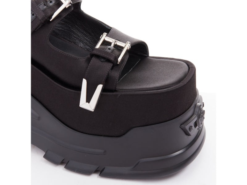 new VERSACE Anthem 120 Black satin silk Medusa buckle platform