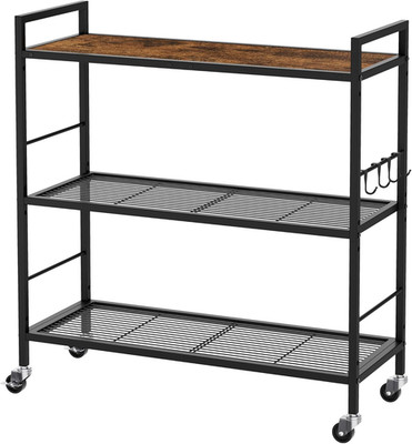 3-Tier Metal Storage Rack with Wheels & Wooden Top for Kitchen & Laundry