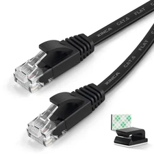 Cat6 Ethernet Cable 50 ft Black Flat Network LAN Cable with 25 Cable Clips