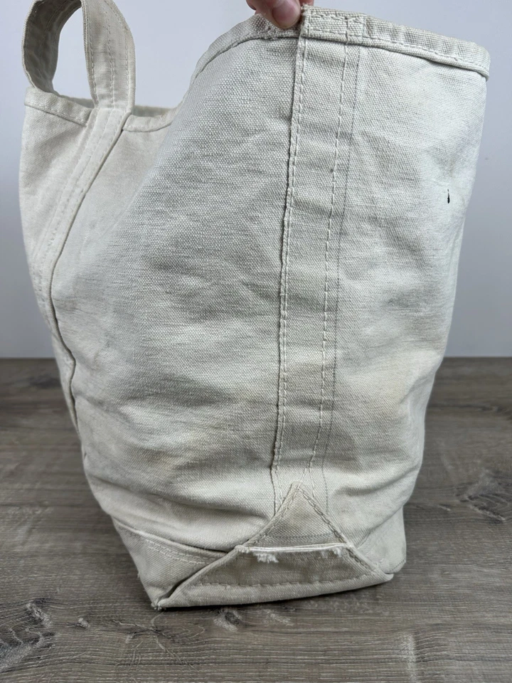 Bolso de Mano Grande Vintage Años 50 Utilitario Lona Blanco Ribete Envejecido Barco Carbón Bolso Foto 3 de 4