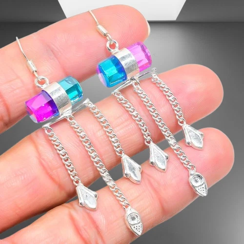 Pendiente de plata de ley 925 con piedras preciosas de turmalina bicolor 2,68" b873 Foto 2 de 4