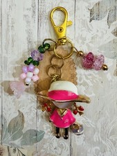Pink Dress Girl Charm Keychain  Beaded Flower and Pink Dangles, Gold Tone Design