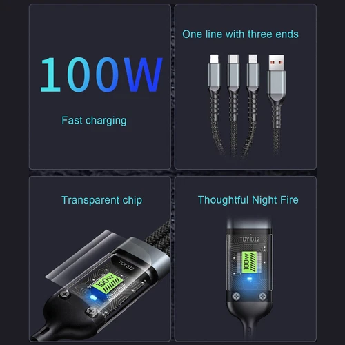 Cavo di Ricarica Super Veloce 3 in 1 Luminoso Trasparente, Cavo USB Ricarica Rapida - Foto 3 di 21