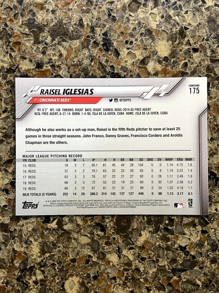 Raisel Iglesias 2020 Topps Chrome 175 MLB Cincinnati Reds Baseball Card - Image 2 of 2