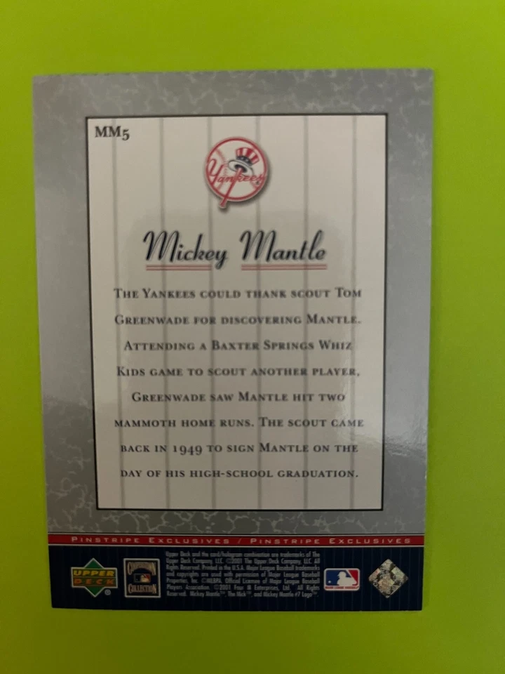 2001 Upper Deck Pinstripe Exclusives Mantle Insert #MM5 New York Yankees NrMt - Image 2 of 2