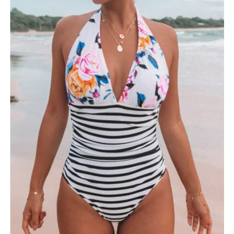Cupshe NWT Size Medium Floral Stripe Halter One Piece Swimsuit