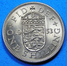 UK Great Britain 1 Shilling Coin 1953 English Crest, High Grade, Combined S/H