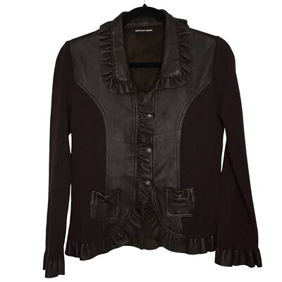 Michael Simon chocolate Brown Lamb Leather/Sweater Long Sleeve Jacket Ruffle