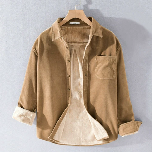 Camisa Para Hombres Pana Forrada de Vellón Manga Larga Cuello Cálido Top Blusa Bolsillo - Imagen 5 de 21