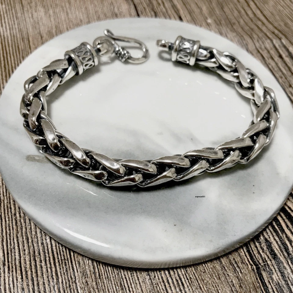 Solid 925 Sterling Silver Chain Men Lucky 8mm Wheat Braided Bracelet 8.2inch - Image 4 of 4