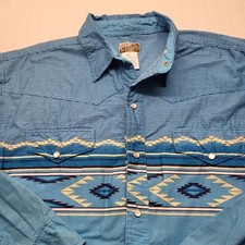 VTG Express Rider Pearl Snap Shirt Mens Large Blue Aztec 90s Western USA Cowboy