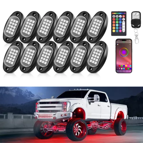 12pcs RGB LED Rock Lights,Wireless Bluetooth App Remote & Fob Led Underbody Lamp - Picture 1 of 15