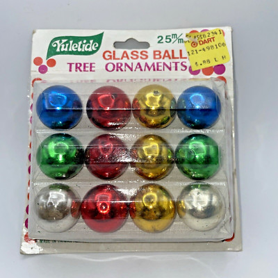 Vintage YULETIDE Tree 25mm Tiny glass BALLS Christmas Ornaments Red Silver Gold