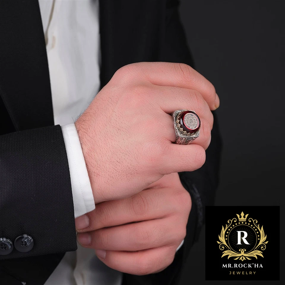 Selo de Salomão, Pedra Âmbar Vermelha, Arte de Gravura Feita à Mão, Anel Masculino de Prata 925 K - Imagem 3 de 4