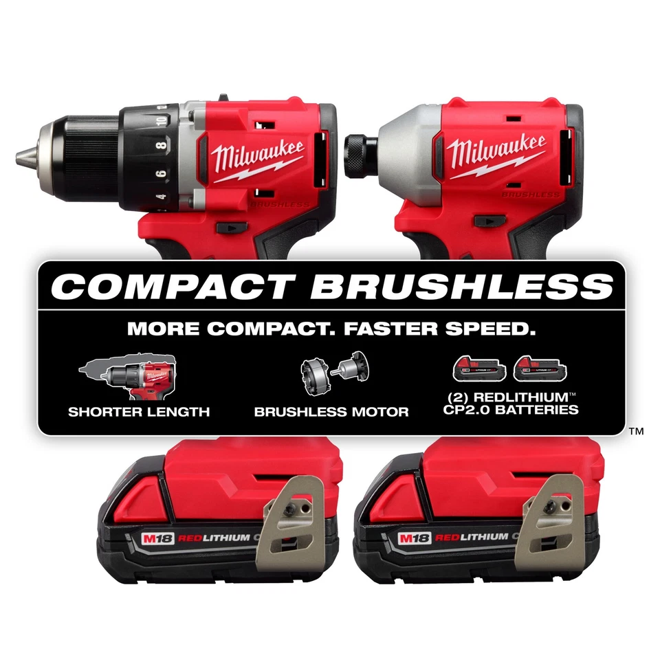 Milwaukee M18 Compact Brushless 2-Tool Combo Kit, Chuck Size 1/2in., Drive Size - Image 2 of 4
