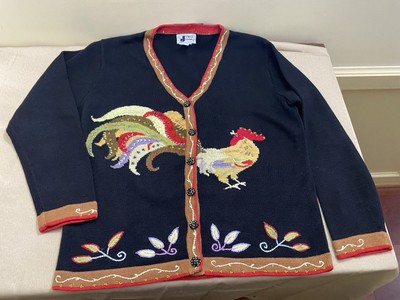 J Two New York Cardigan Sweater  Chicken Rooster Beaded Embroidered XL NEW