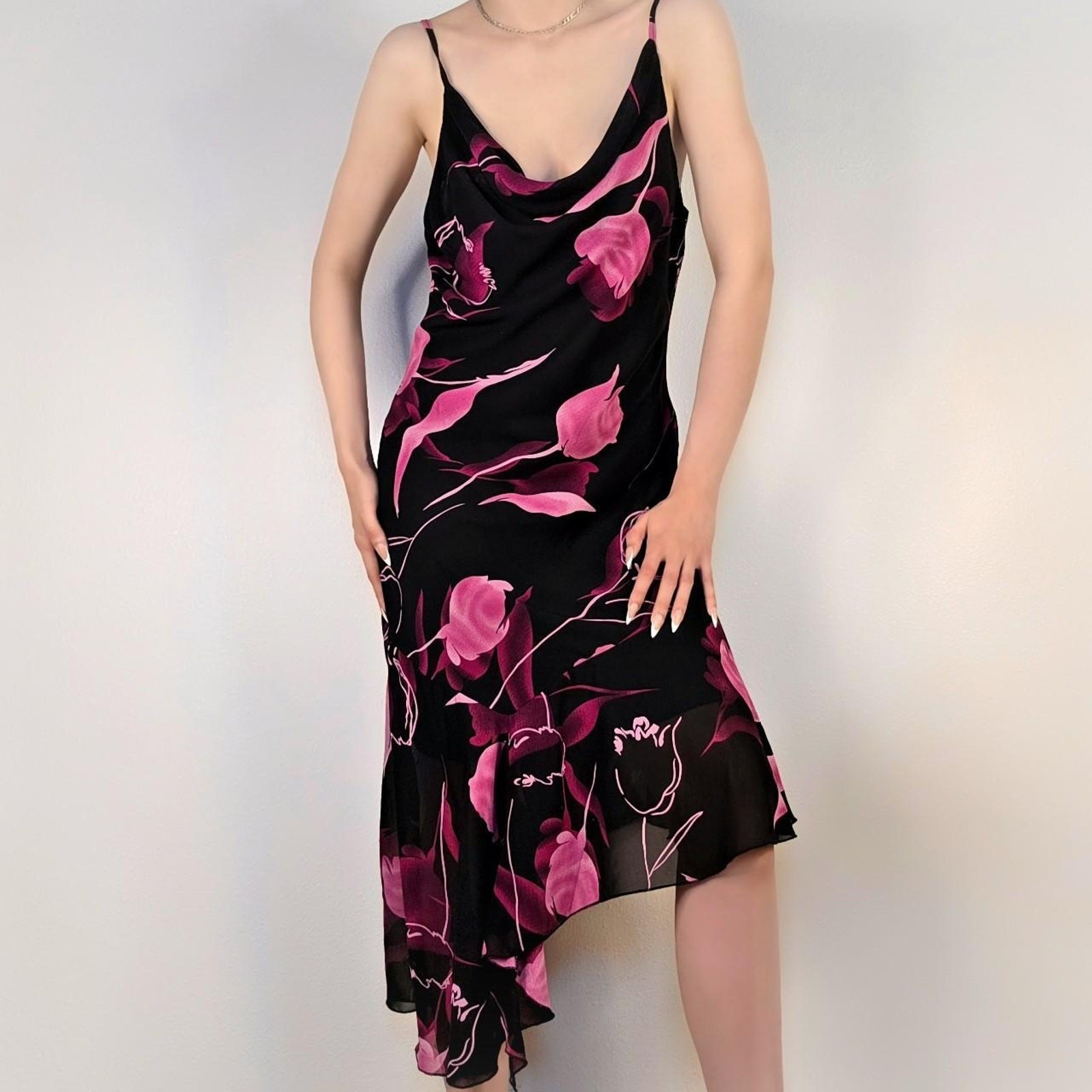 Vintage Y2K Pink Chiffon Cowl Neck Asymmetrical Midi Dress Fairycore Italy Euro