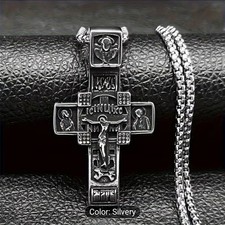 Russian Orthodox Cross Necklace Silvery Steel