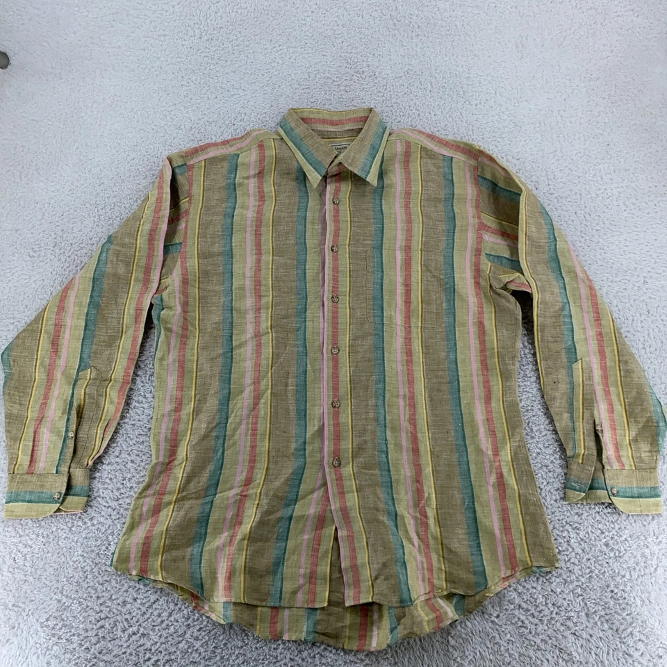 Paul Stuart Striped Linen Shirt Mens Large Multi Color Long Sleeve Button Up - Image 2 of 4