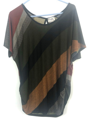 Lavish Women's Boat Neck Multicolor Autumn Color Stripe Short Sleeve Blouse Sz L
