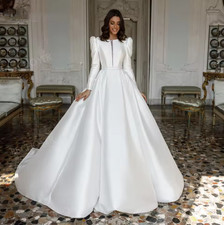 Long Sleeve A-Line Wedding Dress Vintage Satin Bow Backless Bride Gown Princess