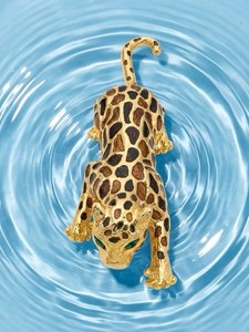 Authentic Vintage Gold Plated And Enamel Cheetah Brooch Pin With Articulating Tail