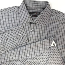 John Varvatos USA Mens 16 34/35 Slim Fit Gray Grid Check Button Down Shirt