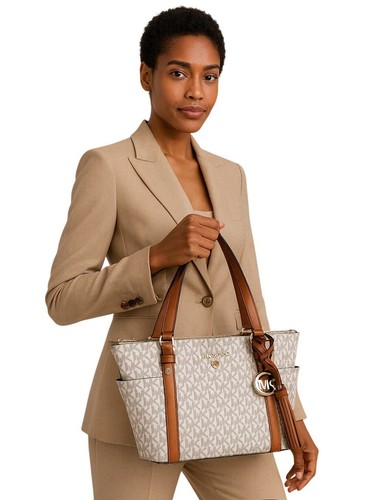 Michael Kors Sullivan Tote Bag Vanilla Acorn Chic Convertible Style Logo Tassel - Picture 8 of 13