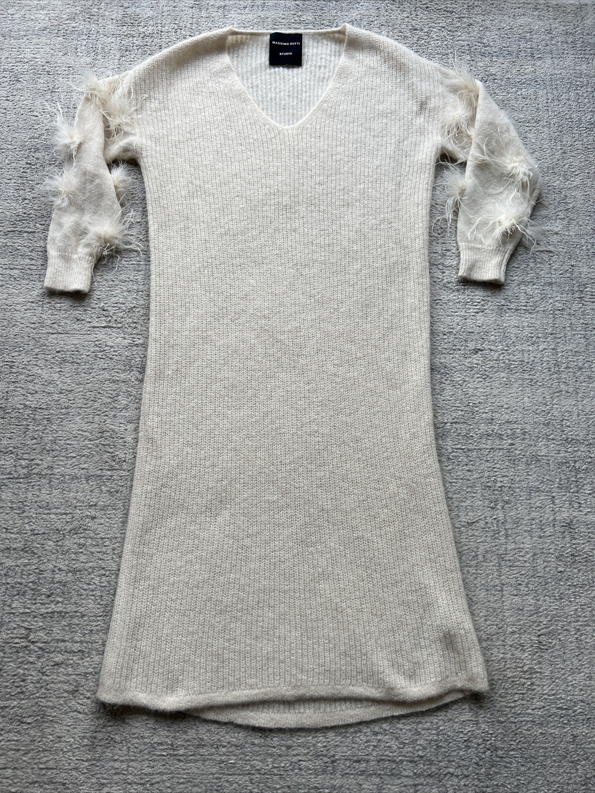 Massimo dutti studio alpaca wool dress S 8 cream pom Feather Pom sleeves RRP£199