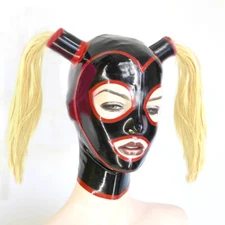Black Latex Hood with Red Trim Can Add Ponytail Wig Back Zipper Club Rubber Mask