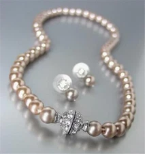 GORGEOUS Designer Mocha Pearl Crystals Ball Magnetic Clasp Necklace Earrings Set