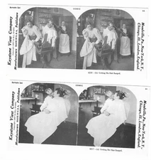 Set of 2, Getting His/Her Hair Banged, Comic, 1978 Reproduction Stereoview