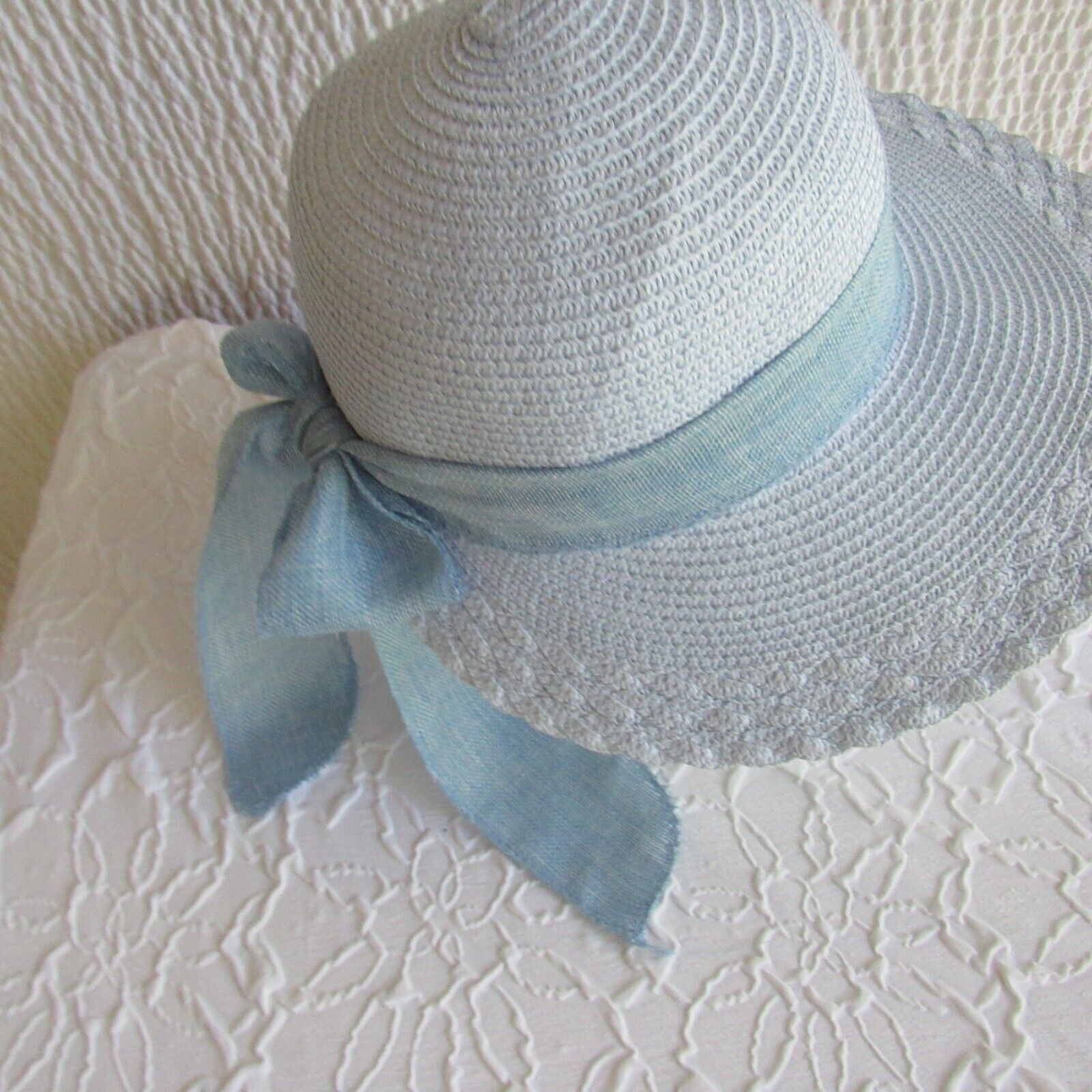 100% Natural Straw Sun Hat Light Blue With Bow Ribbon Nicole Marciano