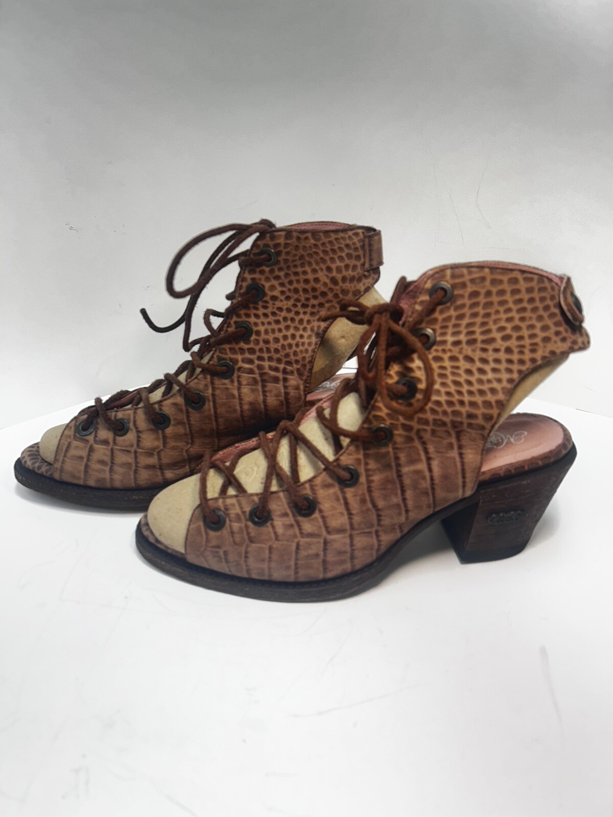 Miss Macie Goodness Gracious Cowgirl Leather Open Toe Lace Up Ankle Bootie Sz9.5